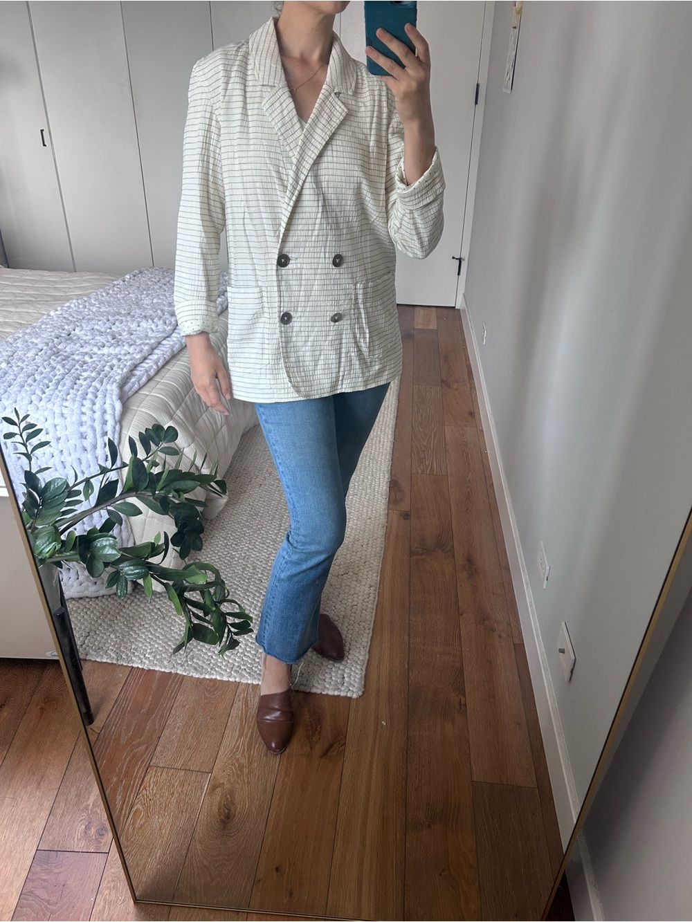 Anthropologie Ivory Pinstripe Double-Breasted Blazer